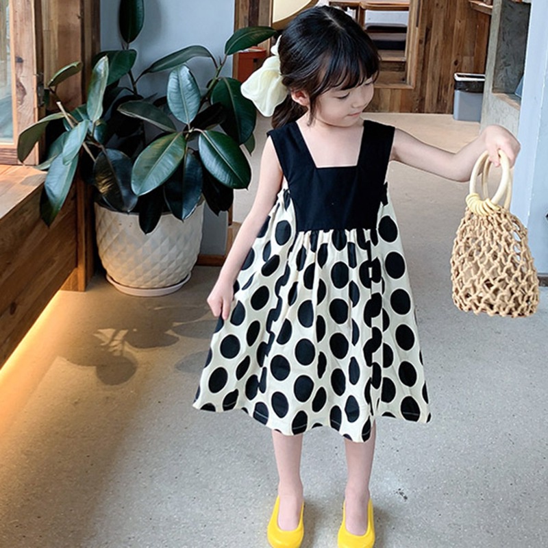 Đầm Công Chúa Hai Dây Cổ Vuông Chấm Bi Se7en Phong Cách Hàn Quốc Cho Bé Gái