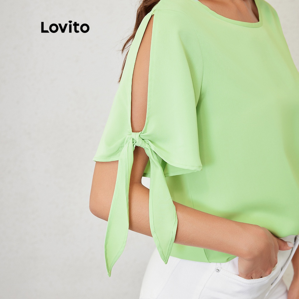 Lovito Áo cánh cổ thuyền ngắn tay phối ren giản dị L24LD043 (Xanh lá cây)