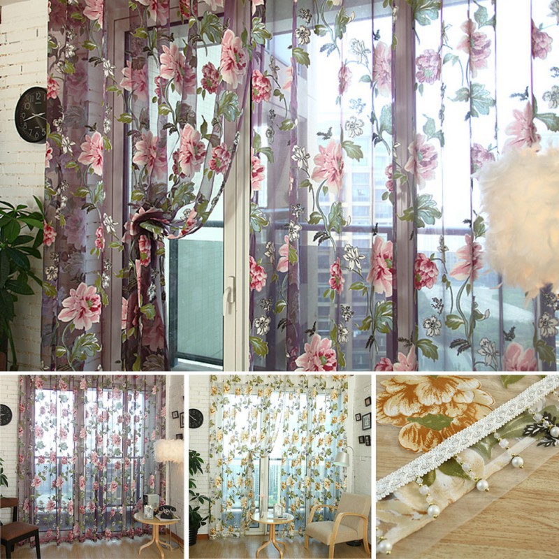 Rèm cửa vải voan xuyên thấu họa tiết hoa lá nghệ thuật kích thước 1x2m