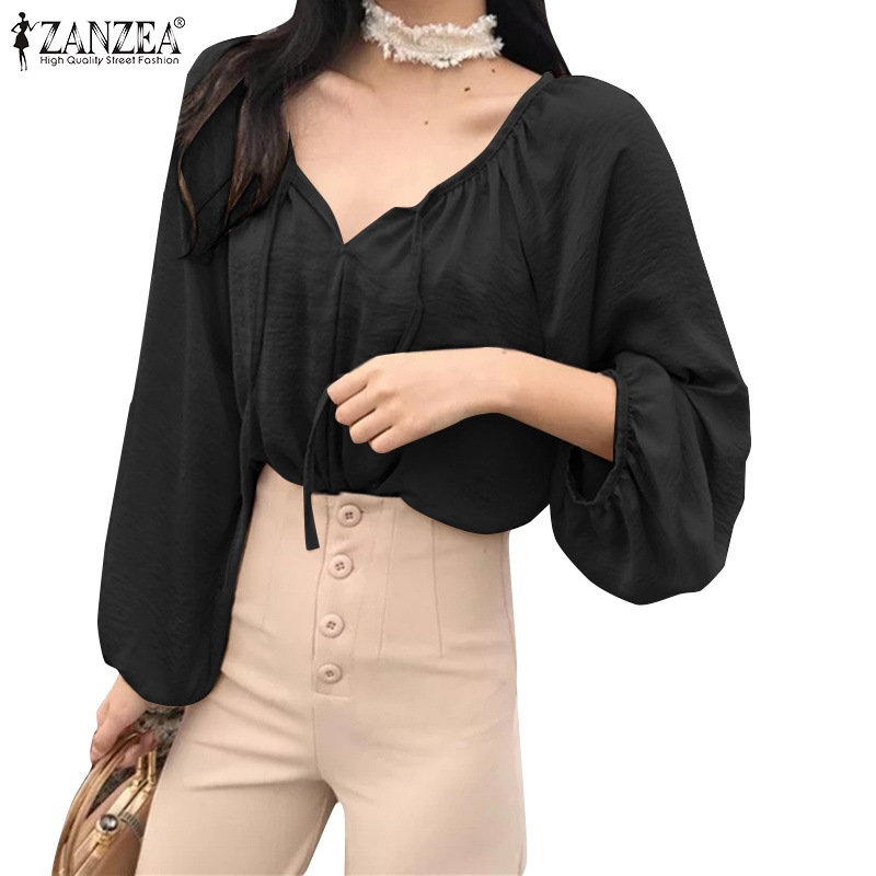 Áo kiểu Zanzea tay dài cổ chữ V màu trơn thời trang thanh lịch