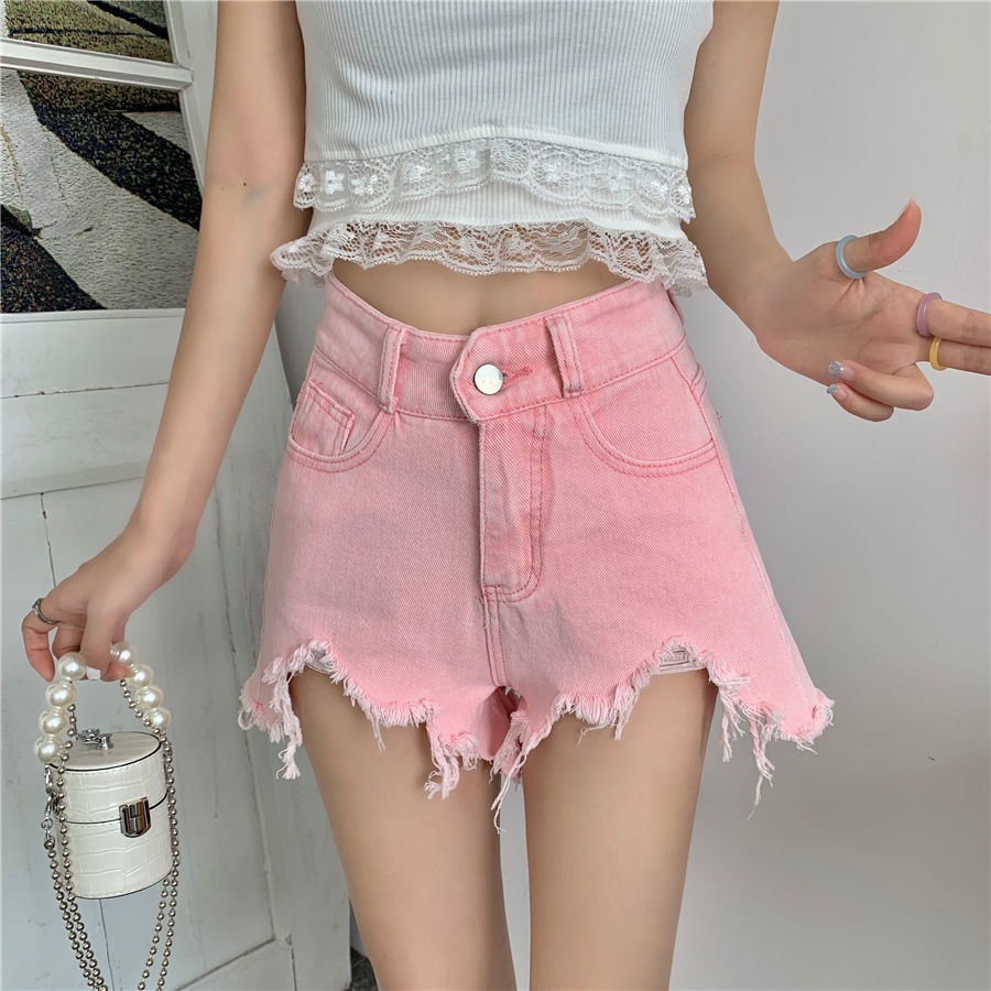 Jiashucheng Quần Short Denim Màu Hồng Lưng Cao Ống Rộng Không Đối Xứng Viền Raw Thời Trang Mùa Hè Hàn Quốc Mới Cho Nữ