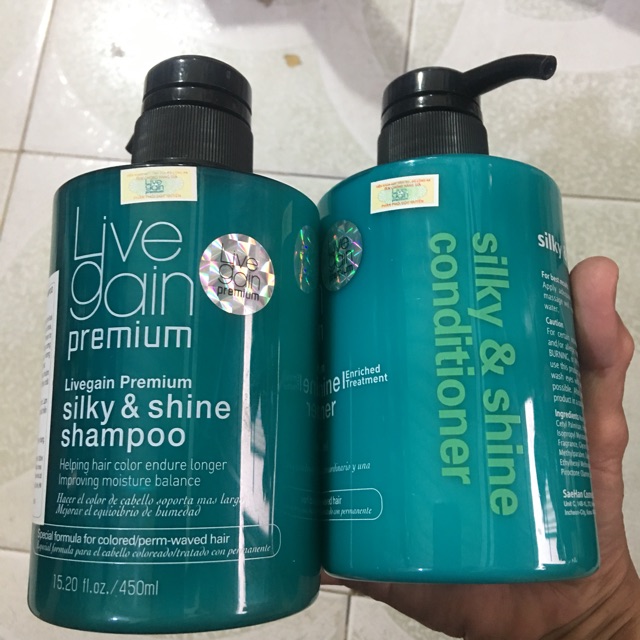 Bộ dầu gội và xả Livegain Premium Silky &amp; Shine 450mlx2