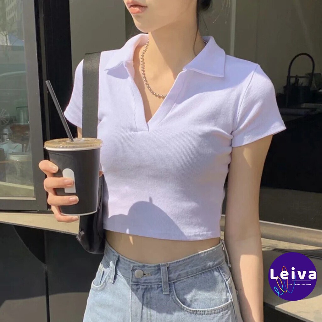 Áo croptop nữ kiểu ôm có cổ tay ngắn, Áo polo nữ croptop crt Ulzzang crop top sơ mi phông thun cổ bẻ sexy cá tính đen | BigBuy360 - bigbuy360.vn