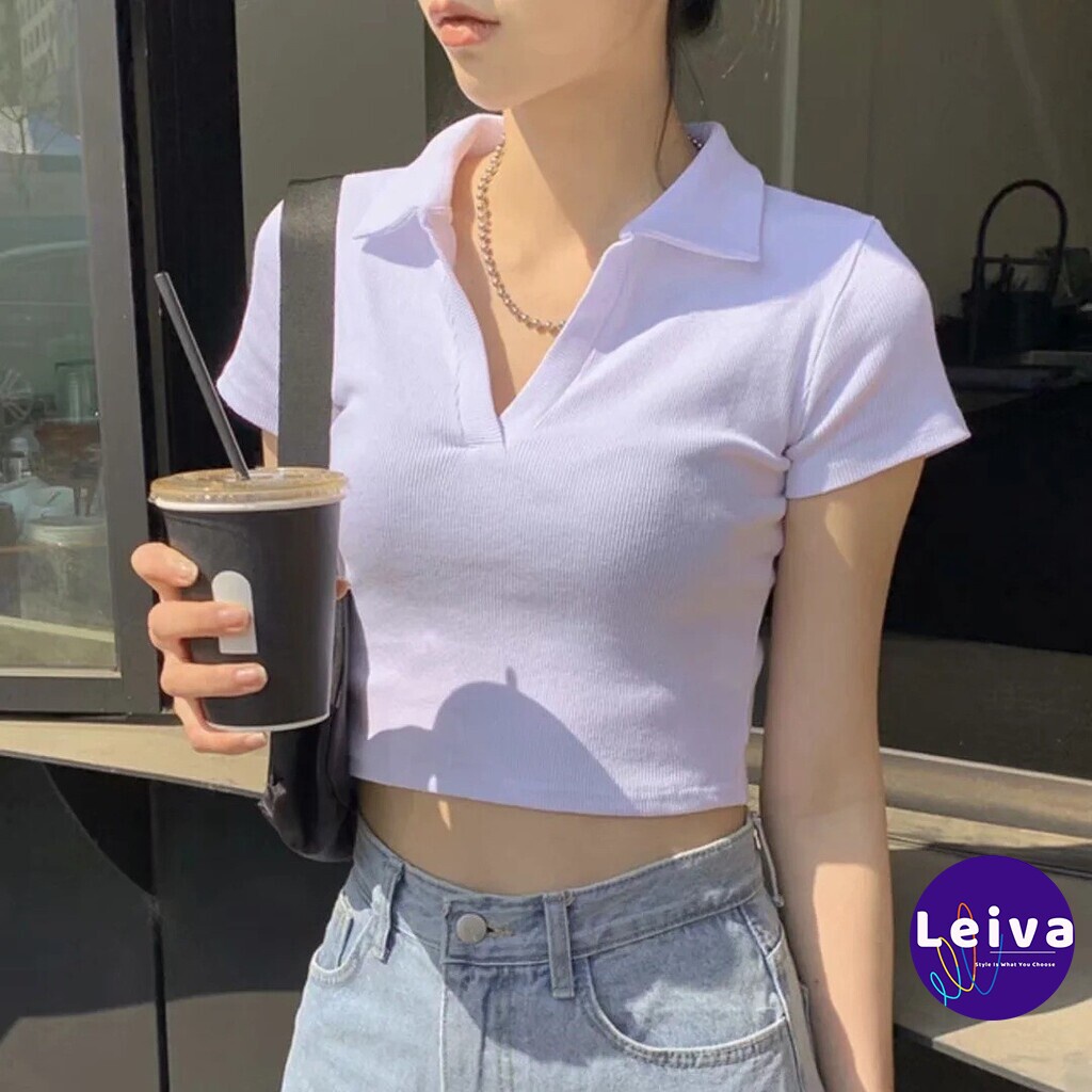 Áo croptop nữ kiểu ôm có cổ tay ngắn, Áo polo nữ croptop crt Ulzzang crop top sơ mi phông thun cổ bẻ sexy cá tính đen