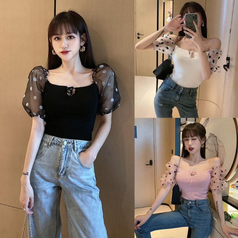 Áo Croptop Trễ Vai Tay Phồng Phối Lưới Họa Tiết Chấm Bi Phong Cách Quyến Rũ