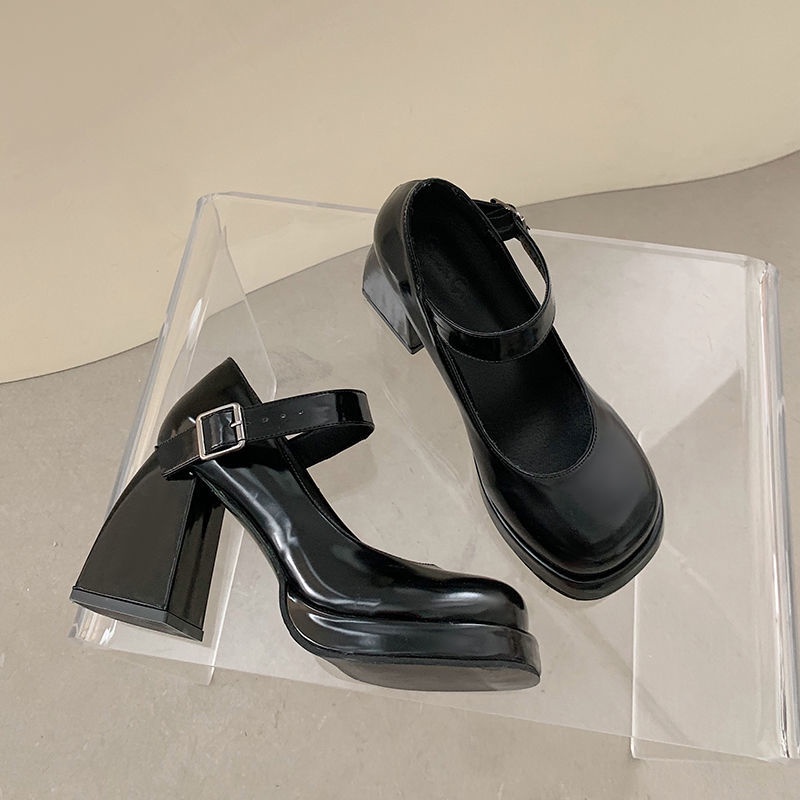 Giày Mary Jane Da Bóng Gót Dày Mũi Vuông Kiểu Vintage Thời Trang Mùa Hè 2023