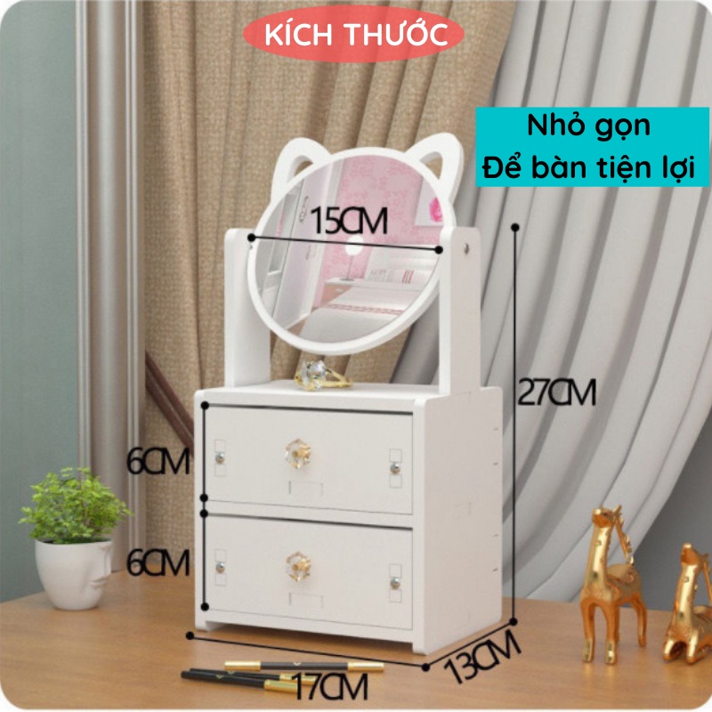 Kệ đựng mỹ phẩm để bàn tự lắp ráp, Tủ đựng đồ trang điểm có gương decor phòng cực xinh