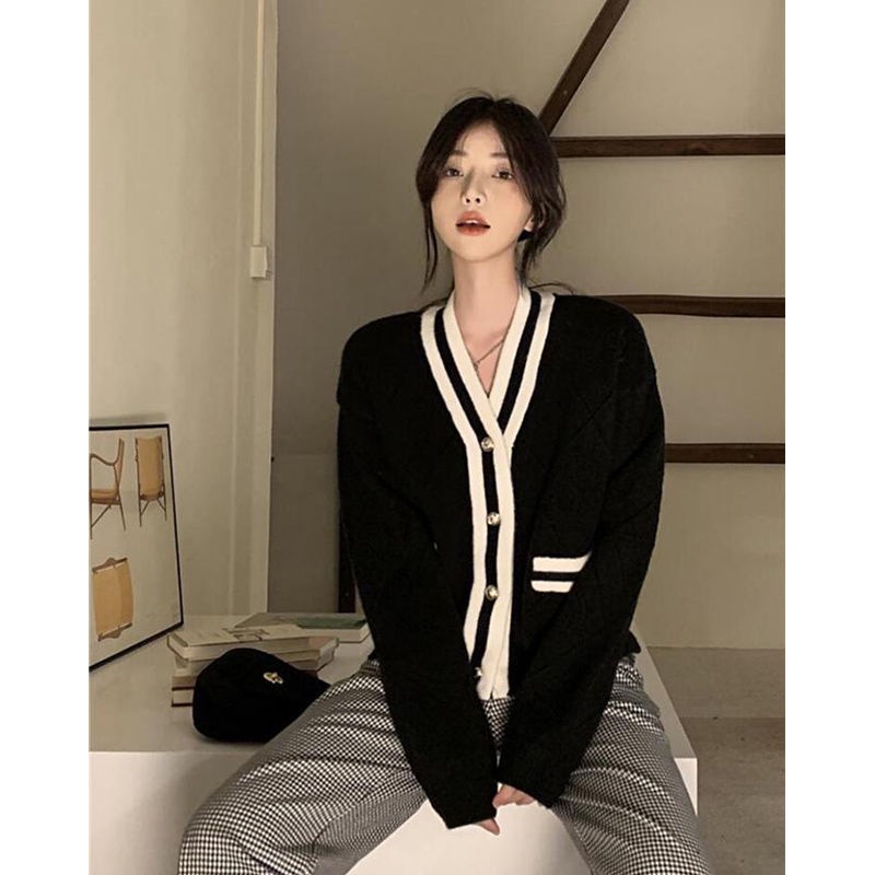 Áo Khoác cardigan Len Dệt Kim Màu Sắc Tương Phản Thời Trang Xuân Thu 2022 Cho Nữ