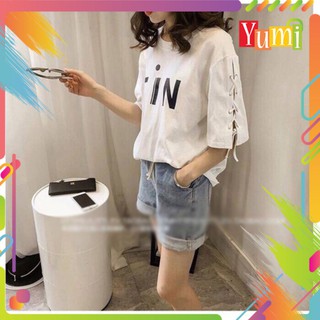 Áo thun croptop groundbreaking nữ in chữ fin xâu dây tây cá tính mới sp adc 17