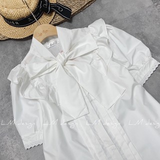 ( Ảnh thật ) áo sơmi thô trắng thắt nơ cộc tay