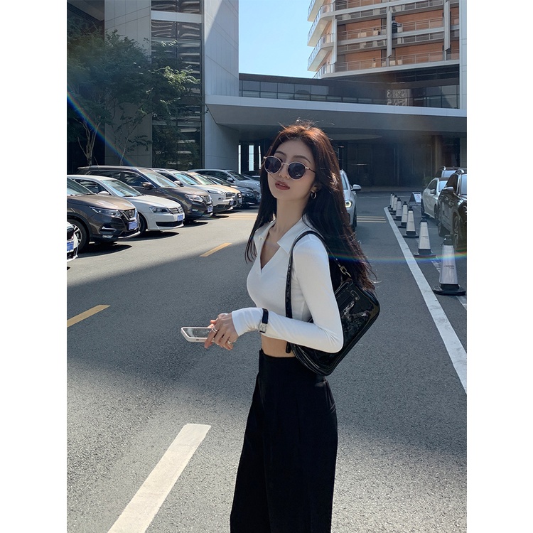 Porozi  Áo croptop dệt kim tay dài  cổ chữ v phong cách thời trang Hàn Quốc dành cho nữ