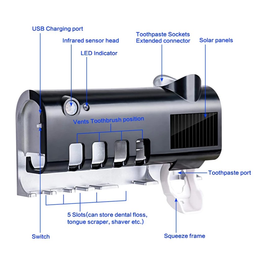 Bộ Nhả Kem Đánh Răng Tự Động - Tích Hợp Đèn UV Diệt Khuẩn - Kiểu Dáng Sang Trọng - Phù Hợp Với Mọi Gia Đình