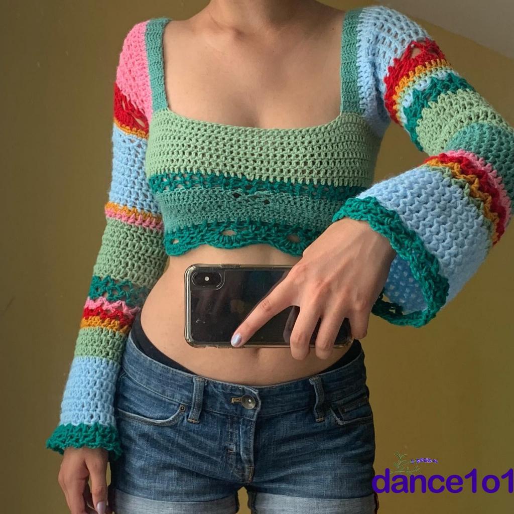 Áo Dệt Kim Tay Loe Dài Phong Cách Vintage Khiêu Vũ1O1-Y2K