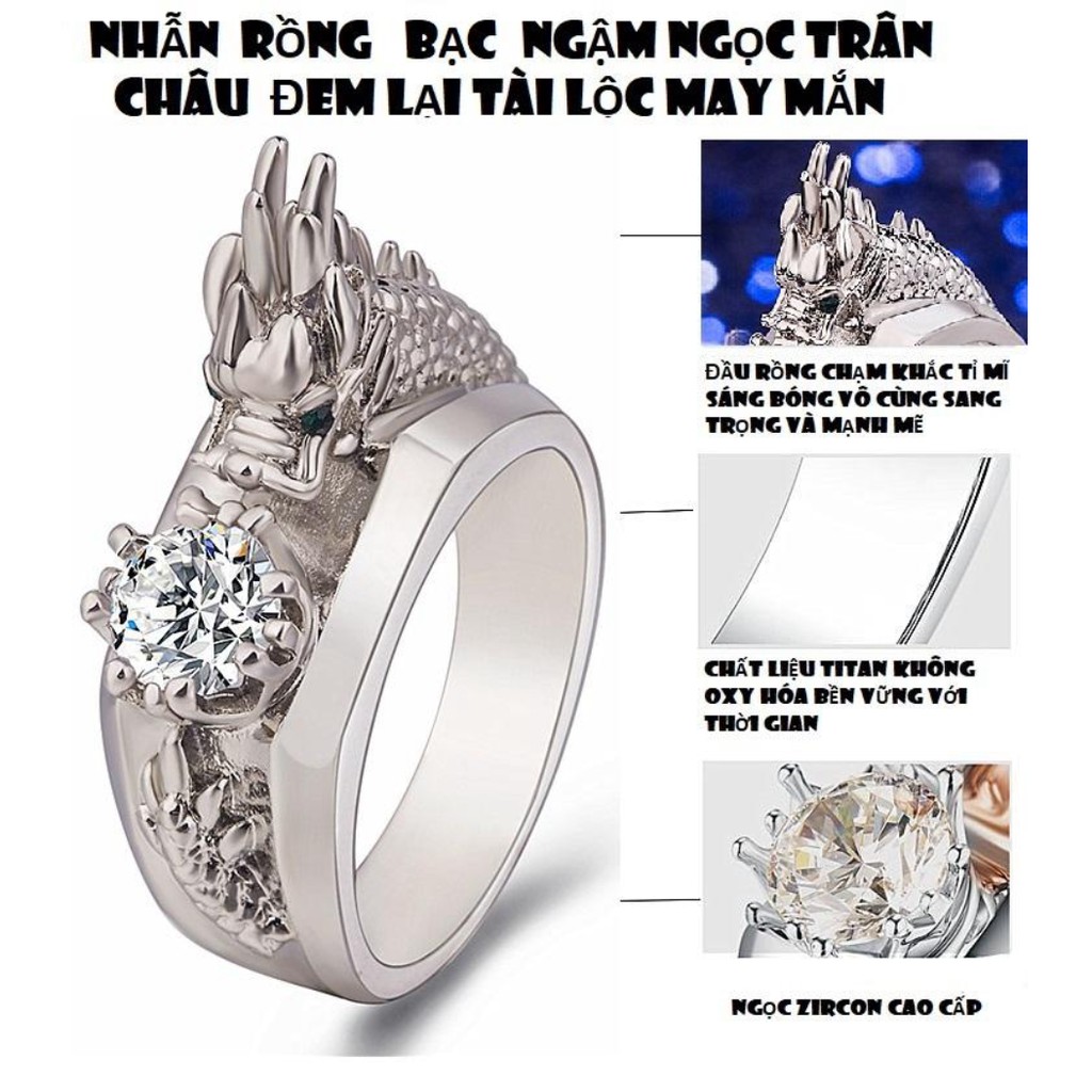 Nhẫn Nam Titan Bạch Kim  Chạm Khắc Đầu Rồng Bạc Ngậm Ngọc ,Đem Lại May Mắn Tài Lộc, Màu Bền Theo Thời Gian