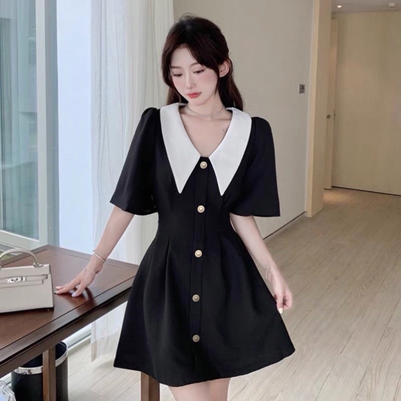 (Có Bigsize) Đầm Váy Đen Phối Cổ Trắng Nút Ngọc Chít Li Eo Trẻ Trung Mặc Đi Chơi Dạo Phố Dự Tiệc | BigBuy360 - bigbuy360.vn