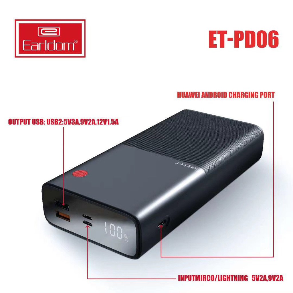 Bộ sạc dự phòng 30000mAh Earldom PD-06 Hỗ trợ sạc nhanh - BH 12 Tháng