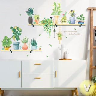 Decal dán tường 3 hàng chậu cây cảnh
