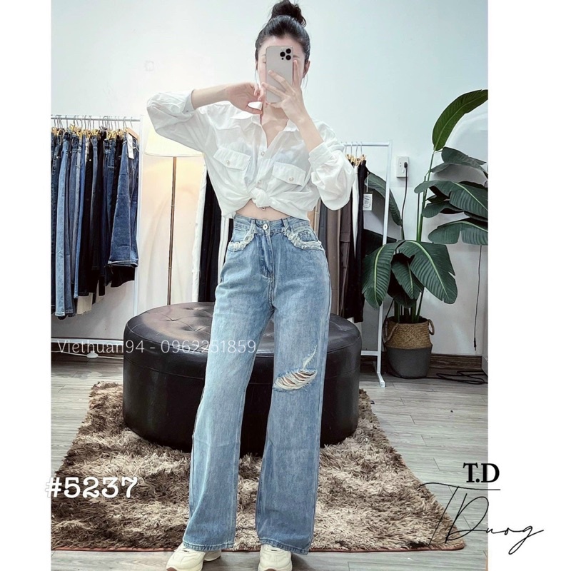 Quần Jeans Suông Rách Đùi Túi Tua Rua