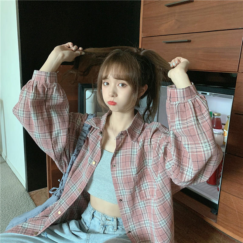 SUXI Áo sơ mi nữ dáng rộng kẻ sọc ca rô nhiều màu lựa chọn