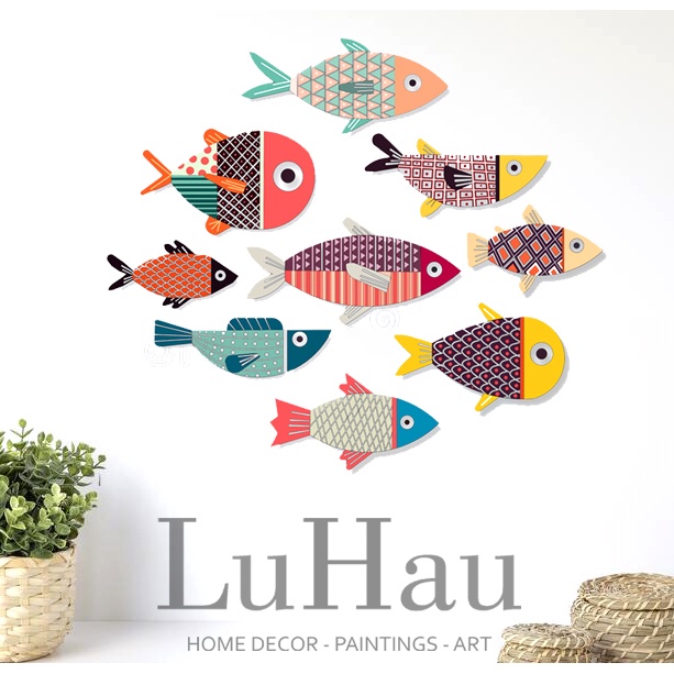 Tranh cá dán tường decor 9 bé cá dày 5mm trang trí gắn sẵn băng dính nano