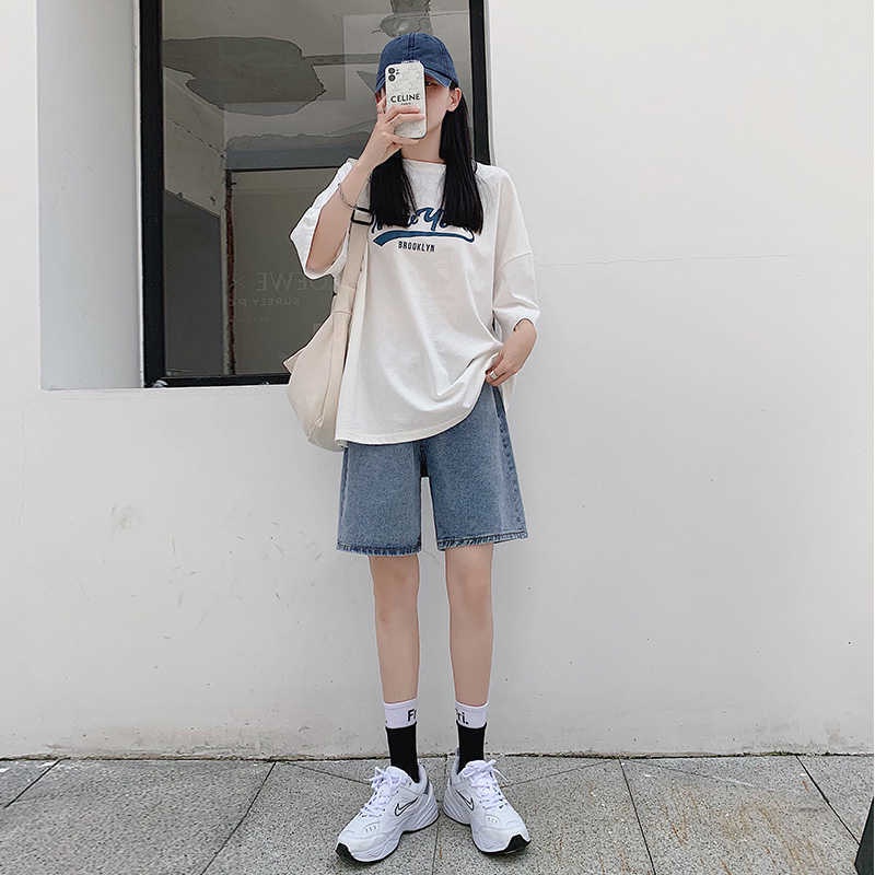 COZOKC Quần Short Denim Ống Rộng Lưng Cao Thời Trang Năng Động