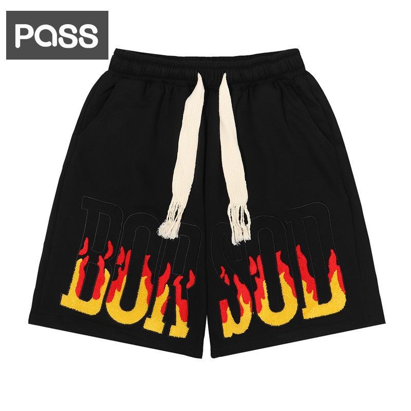 Quần Short Cotton Dáng Rộng In Chữ Và Ngọn Lửa Phong Cách Retro Mỹ Cao Cấp