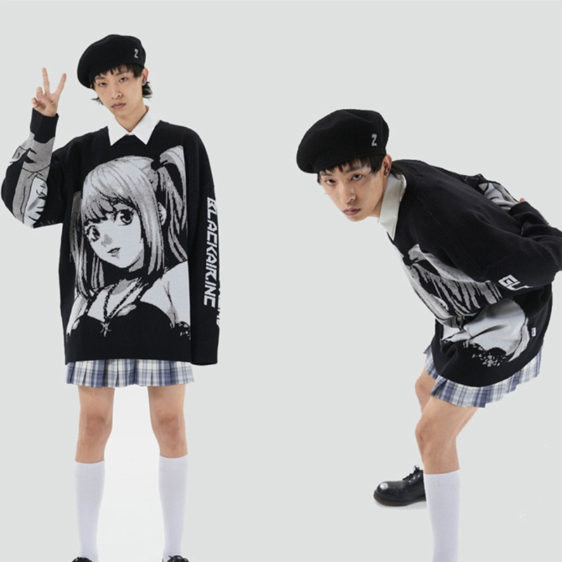 Áo sweater dệt kim tay dài dáng rộng in họa tiết cô gái hoạt hình anime phong cách harajuku