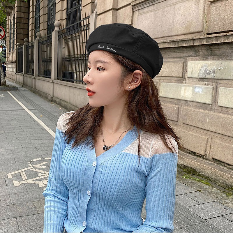 Mũ Vải Mũ Nồi Retro Màu Trơn Phối Chữ Ký