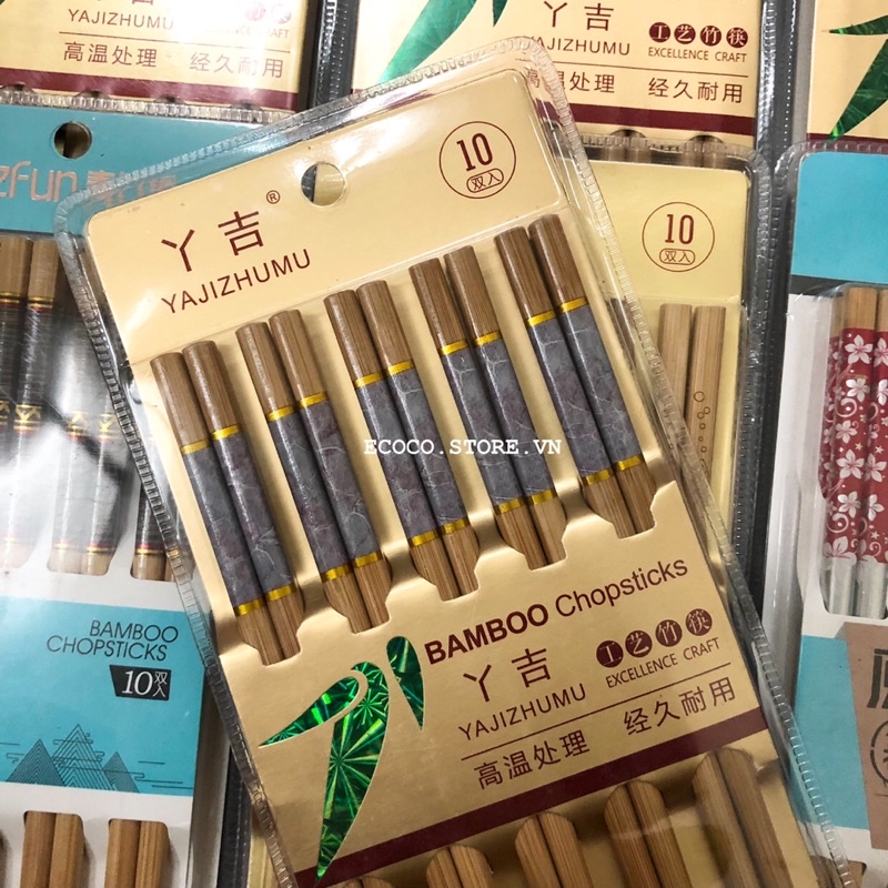 Vỉ 10 đôi đũa tre Yajizhumu kháng khuẩn nhiều hoạ tiết