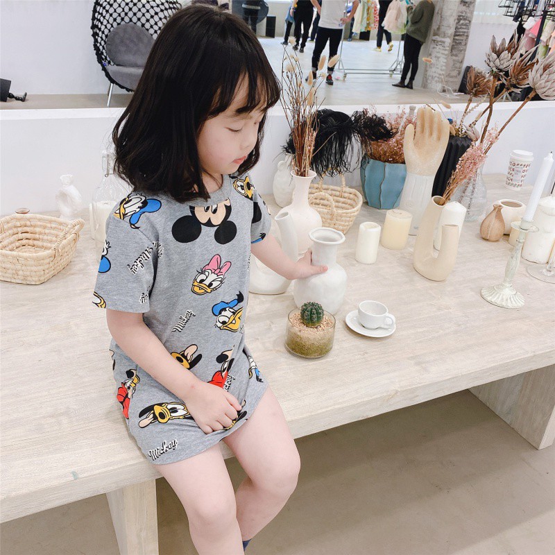 Đầm thun tay ngắn dáng suông cổ tròn họa tiết hoạt hình màu trơn cho bé gái