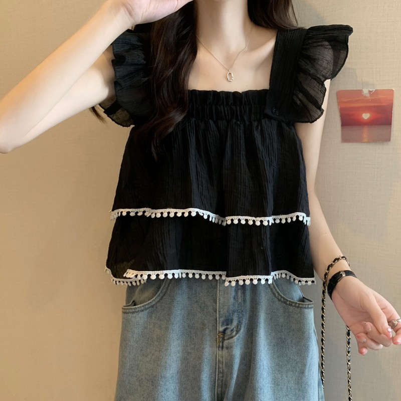 Chiffon Halter Off Shoulder O-neck Tank Tops Sleeveless T-shirt Áo Sơ Mi Tay Ngắn Cổ Vuông Phong Cách Pháp Thời Trang Mùa Hè Xinh Xắn Cho Nữ shoulder strap Vest