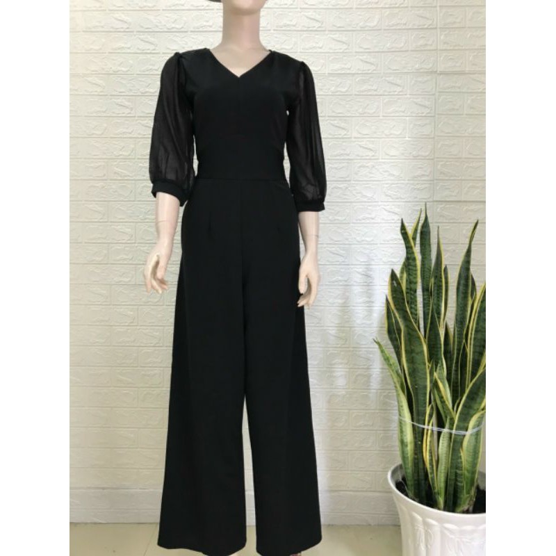 Jumpsuit dài tay voan cổ V, bộ jum ống rộng - DTH