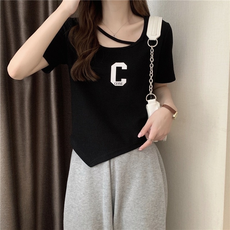 Áo thun dệt kim ZHELIHANGFEI ngắn tay dáng rộng in họa tiết cá tính