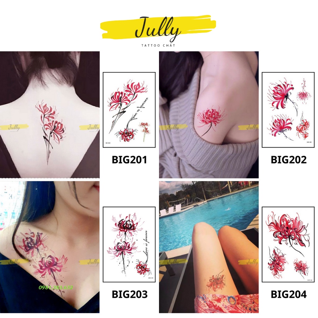 Hình xăm dán tạm thời hoa bỉ ngạn, xăm bắp chống nước, JULLY Tattoo chất (KT:15x21cm)
