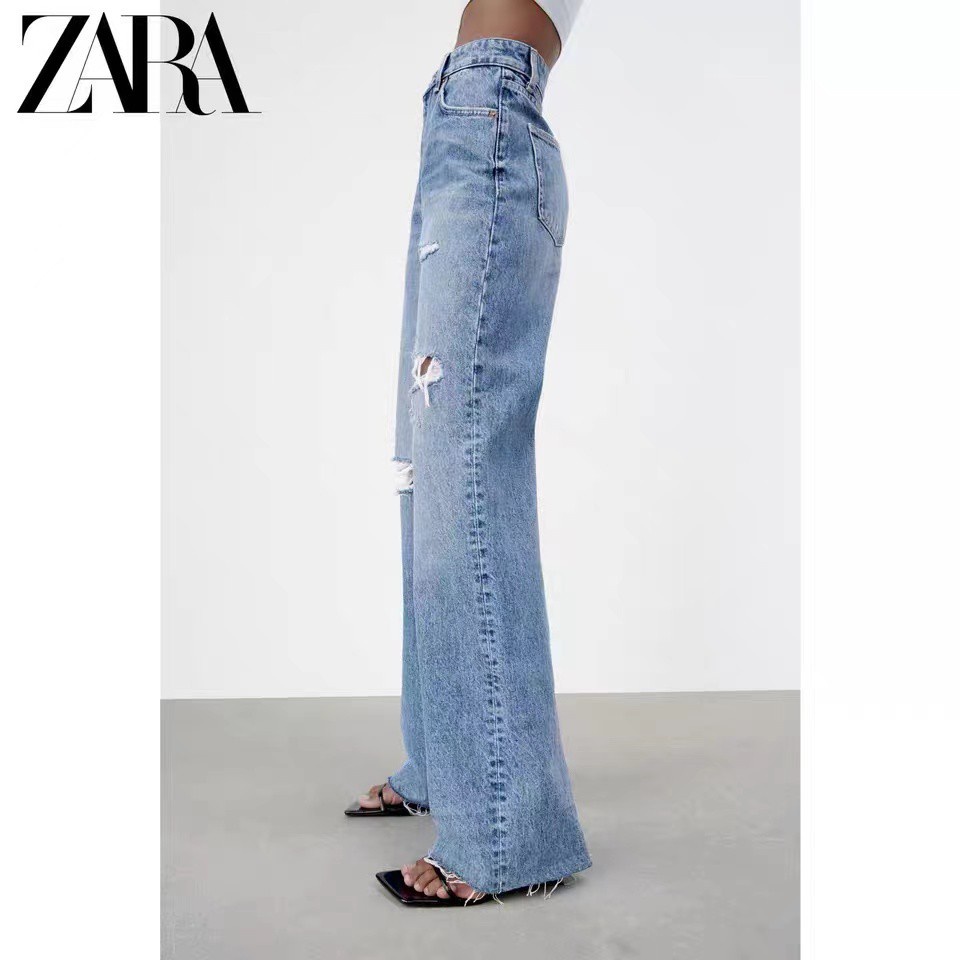Zara Quần Jean Lưng Cao Ống Rộng Phối Rách Cá Tính Dành Cho Nữ