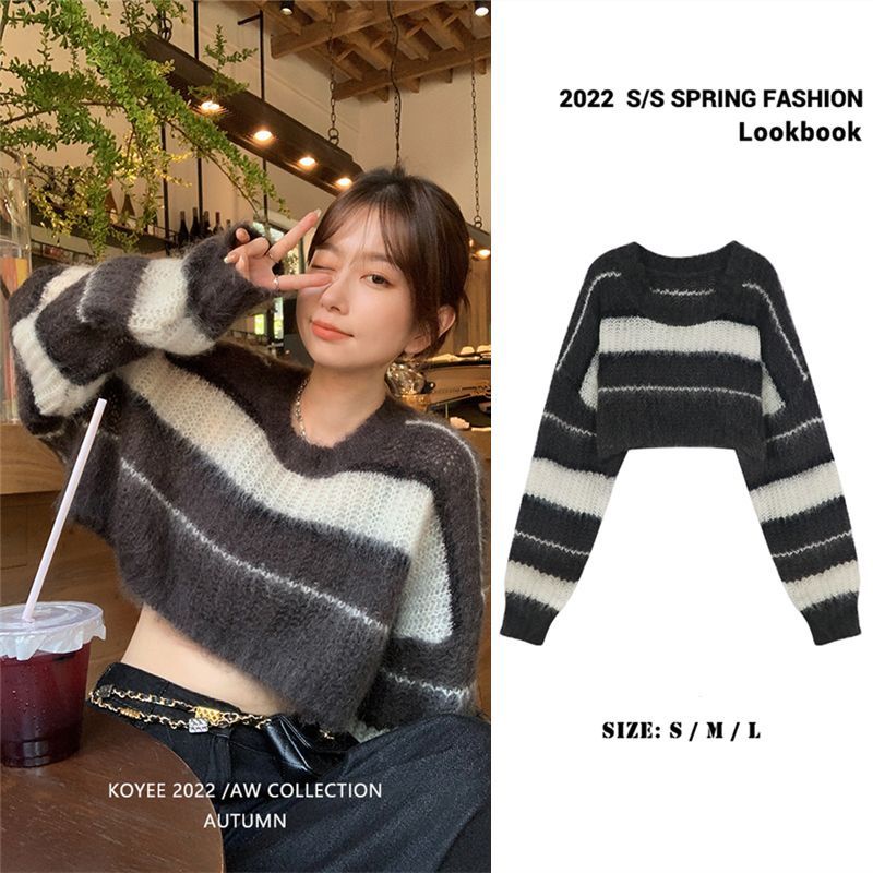 Áo Sweater Dệt Kim Dáng Rộng Lưng Cao Kẻ Sọc Kiểu Retro Thời Trang Thu Đông Cá Tính