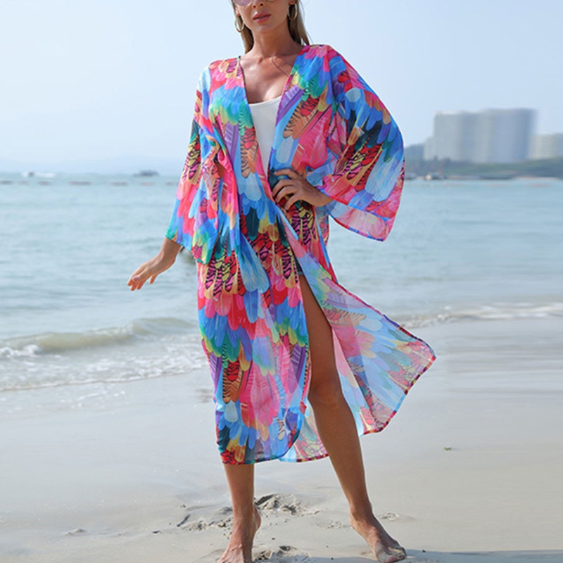 Xiangbao Áo Choàng Cardigan Dài Có Tay Áo In Họa Tiết Cho Nữ Đi Biển