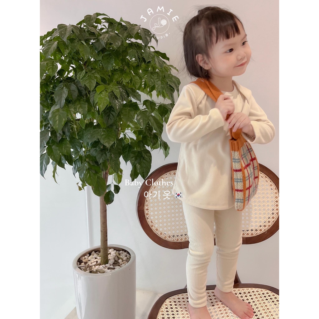 Bộ Quần Áo Thun Tăm Nhung Dài Tay Cổ Tròn Trơn Màu Dày Dặn Cho Bé Trai và Bé Gái Hàn Quốc Mẫu Basic