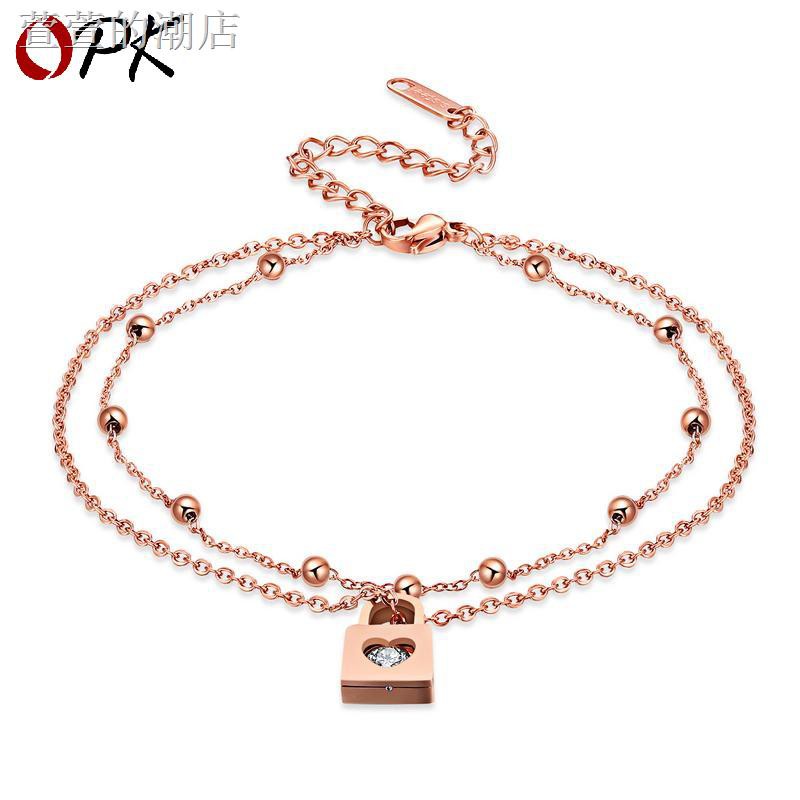 Thời Trang Lắc Chân Thép Titan Hai Lớp Đính Hạt Tròn Màu Vàng Hồng