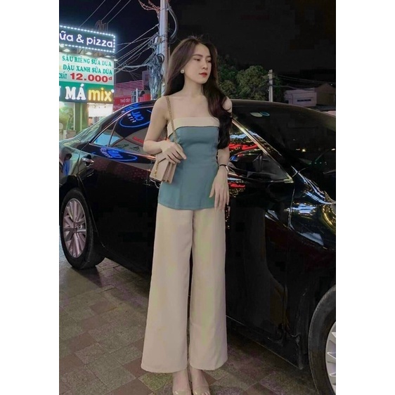 Set bộ áo cúp ngực phối màu + quần ống rộng tôn dáng tôn da giá rẻ kèm ảnh thật