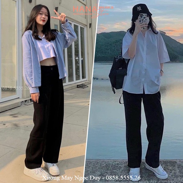 ❡✟■Quần tây ống rộng nữ đi học lưng cao màu đen dáng suông dài cho sinh - Phối áo sơ mi làm công sở Vải tuyết mưa