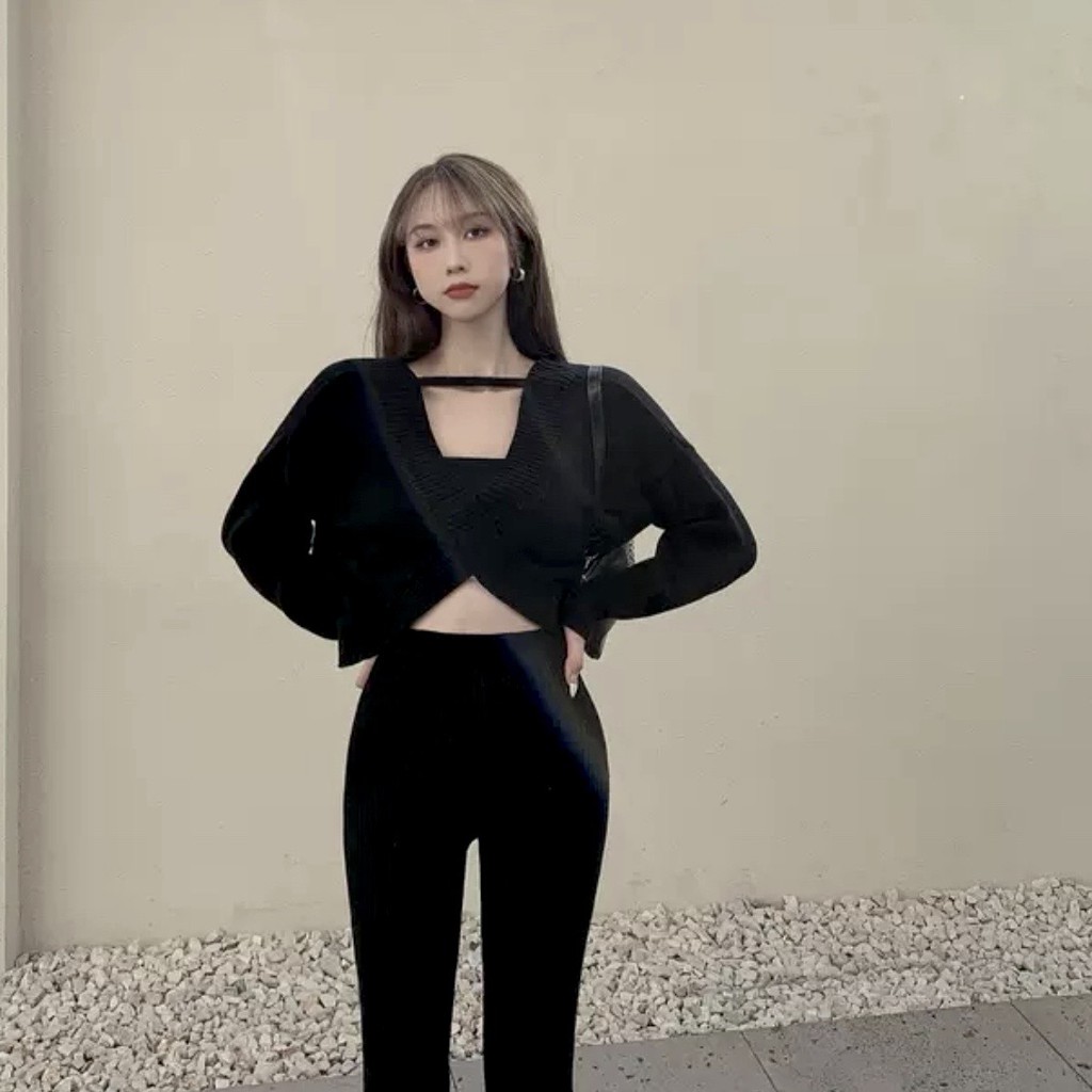 A24 Set Bộ Áo Dài Tay Cutout Kèm Quần Dài Suông Culottes Thời Trang Thu Đông