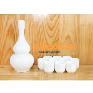 Bộ bình hồ lô trắng 500ml và 10 chén rượu Bát Tràng A100
