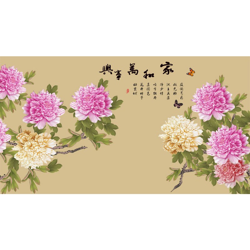 Tranh dán tường trang trí hoa mẫu đơn mang lại sự may mắn. giàu sang phú quý nhận in kích thước theo yêu cầu