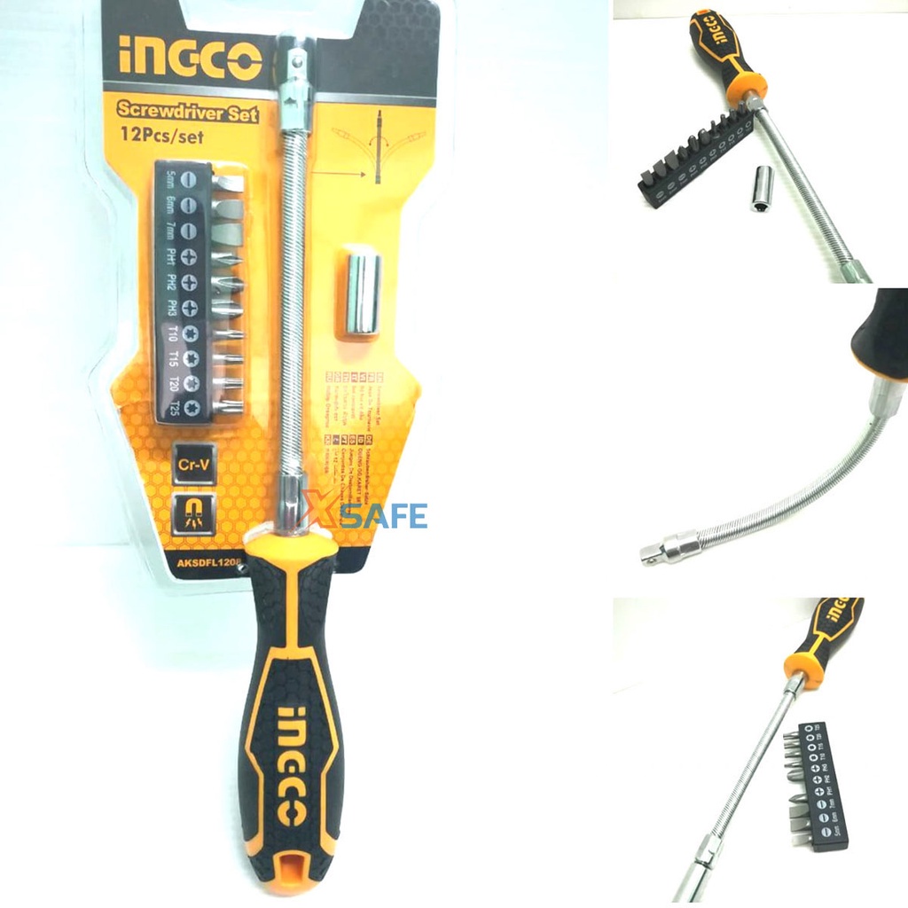 Bộ 12 tua vít thay đổi trục linh hoạt INGCO AKSDFL1208 thiết kế nhỏ gọn, trọng lượng nhẹ Bộ tuốc nơ vít đa năng
