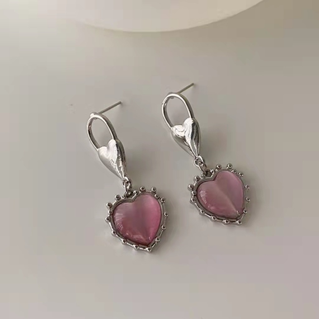 Bông Tai Mạ Bạc 925 Hình Trái Tim Đính Đá Opal Hồng Dễ Thương Cho Nữ