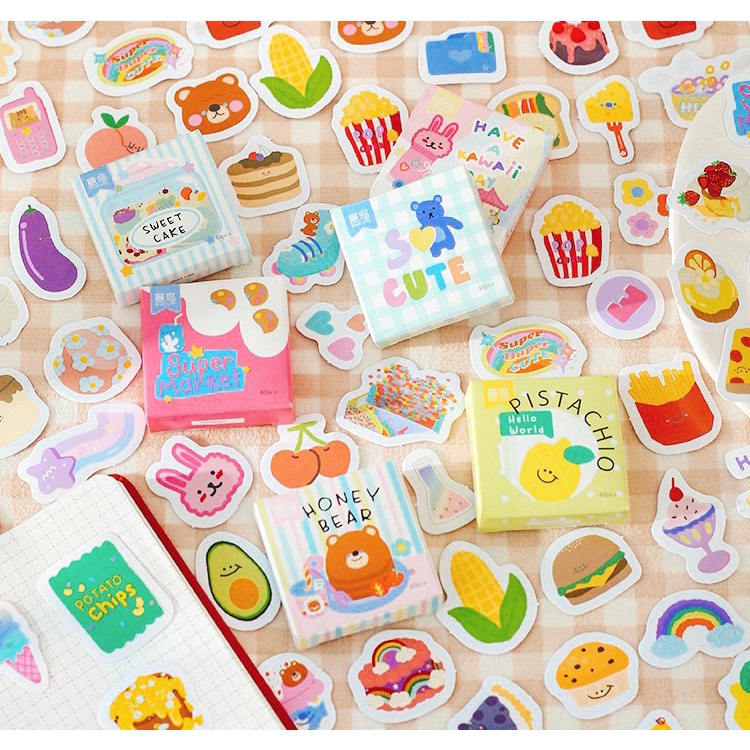 Hộp 45 Nhãn Dán Sticker Hình Gấu Thỏ Màu Sắc Pastel Dễ Thương Niêm Phong Hàng Trang Trí Sổ