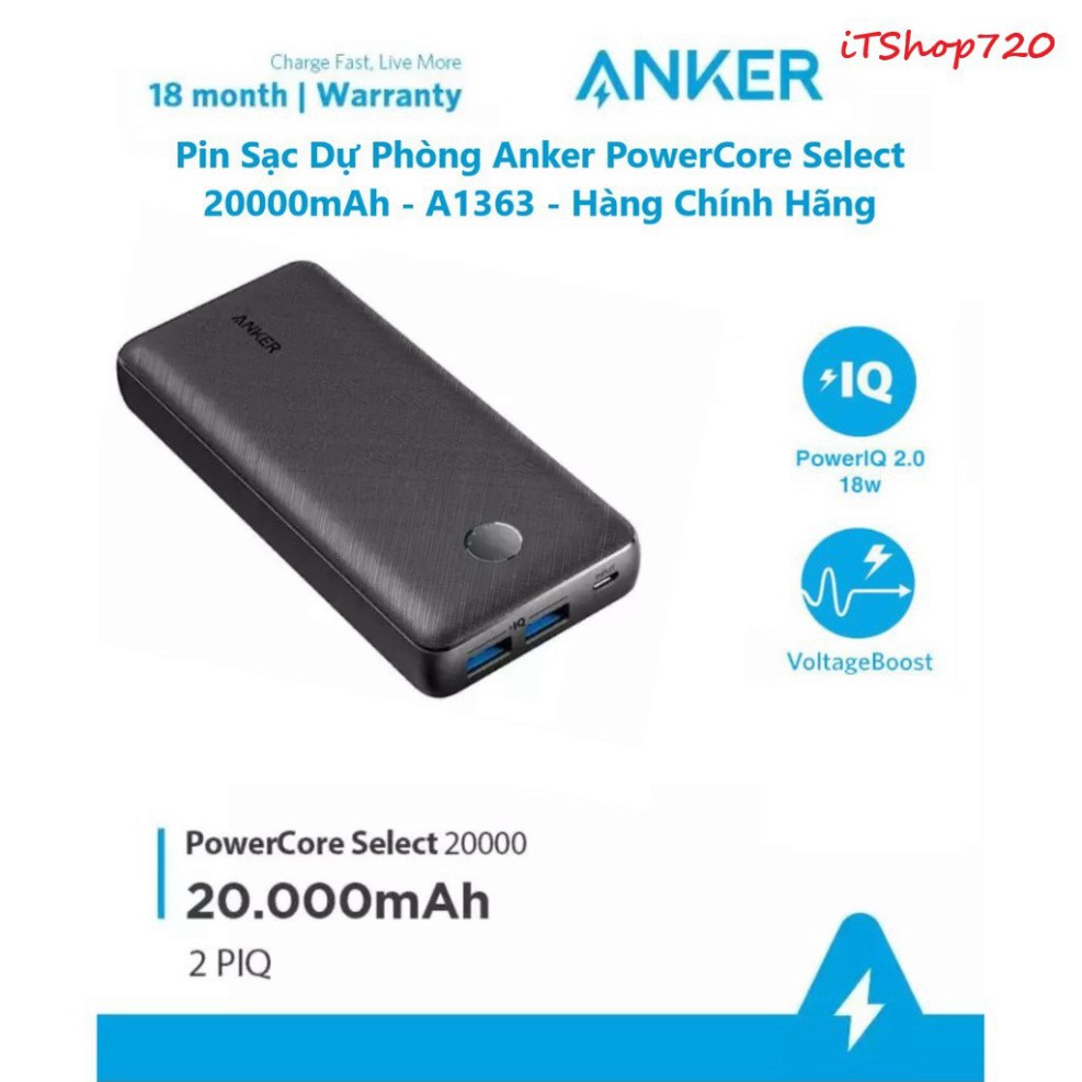 Pin Dự Phòng 20000 mAh Anker A1363 PowerCore Select cho iPhone iPad Samsung Oppo Xiaomi IP 7 8 Plus X Xs Max 11 12 Pro