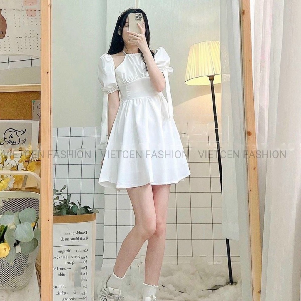 Váy Cổ Yếm Nữ Dáng Xòe Đầm Trễ Vai Tiểu Thư Vintage 2 Màu Đen TrắngUlzzang Dễ Thương  - VIETCEN