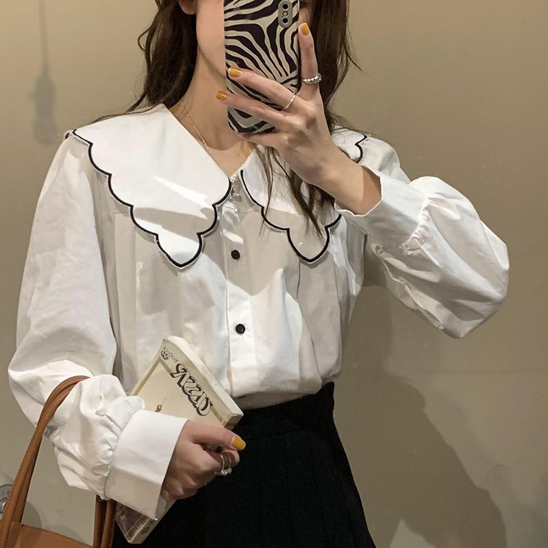 Áo Babydoll Nữ Trắng 🌺 Sơ Mi Trắng Bèo Cổ Viền Đen Ulzzang Hàn QuốcOne boutique